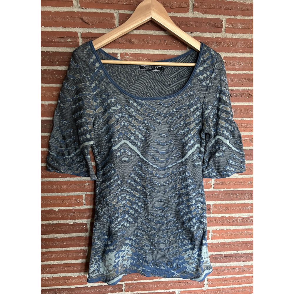 Peruvian Connection Pima Cotton Jacquard Tunic Top Blue Chevron